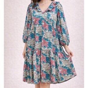 Saule Parc Floral Midi Dress M Cottagecore‎ Boho Peasant Tiered Oversized Flowy